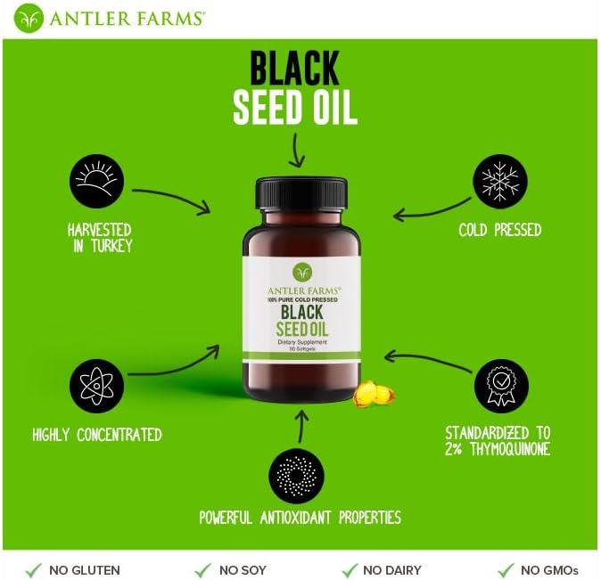 Antler Farms – Cápsulas de cápsulas blandas de aceite de semilla negra -100% puro, virgen, prensado en frío 60 cápsulas blandas, 500 mg – 2%