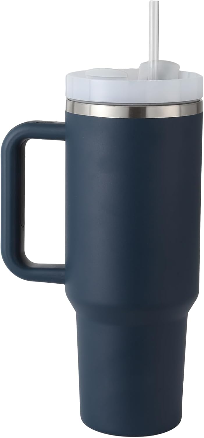 Boderi Vaso de 40 onzas con asa y pajita, vaso de acero inoxidable con tapa y tapa de pajita, taza de café aislada al vacío de doble pared, taza de