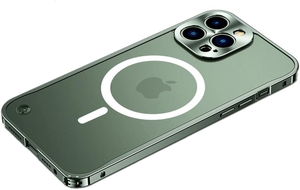 Funda magnética para iPhone 14 Pro compatible con MagSafe de aleación de aluminio de metal parachoques mate translúcido con protector de lente de