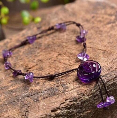 Sofiacreations Handmade Natural Amethyst Anklet, Hand Carved Rose Flower Amethyst Chip Beads Anklet, Healing Protection Balance Women Boho Style