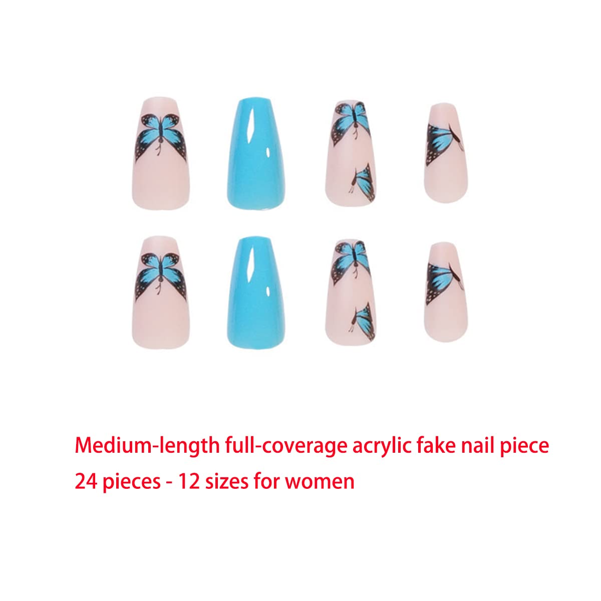Uñas postizas medianas azules a presión con diseño de mariposa con diseño de uñas acrílicas nudes brillantes, uñas postizas de cobertura completa,