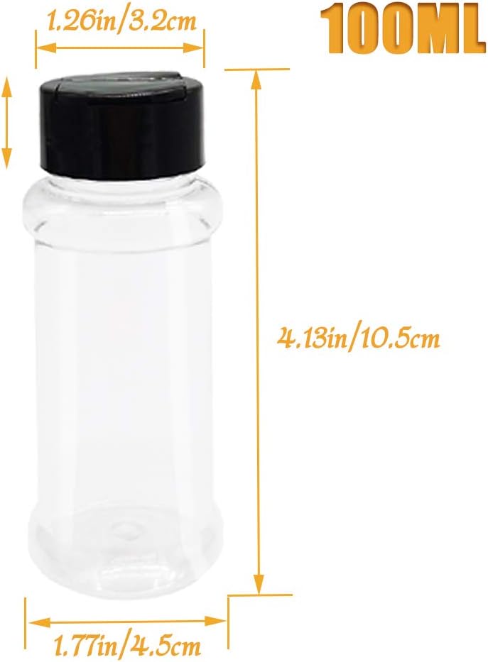 OJYUDD Paquete de 16 botellas de plástico para especias de 3.4 onzas, recipientes vacíos con tapa negra, recipientes transparentes reutilizables