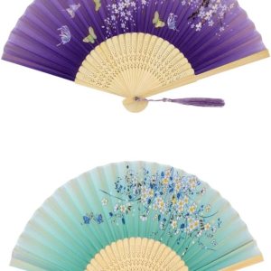Abanico plegable floral de bambú estilo chino, 2 unidades, abanicos de mano plegables de seda vintage, abanicos de mano de bambú ahuecados para Abanico plegable floral de bambú estilo chino, 2 unidades, abanicos de mano plegables de seda vintage, abanicos de mano de bambú ahuecados para