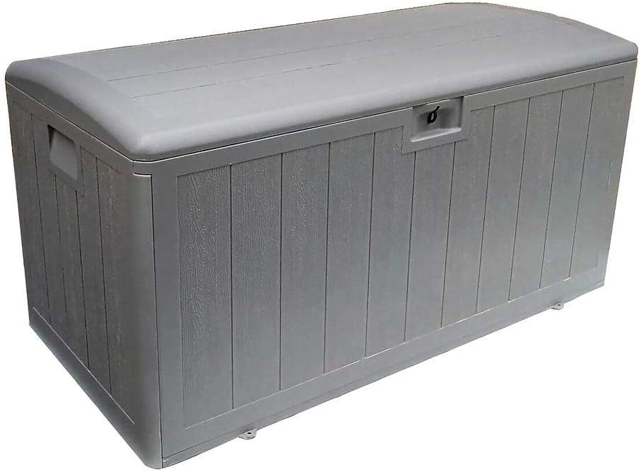 Plastic Development Group Caja de almacenamiento de resina resistente a la intemperie de 73 galones con montaje deslizante y a presión, madera
