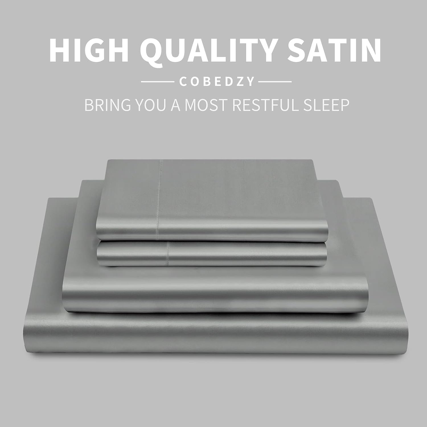 Juego de sábanas de lujo de 3 piezas, sábanas de satén transpirables, sábanas de cama individual gris claro con 1 sábana bajera de bolsillo