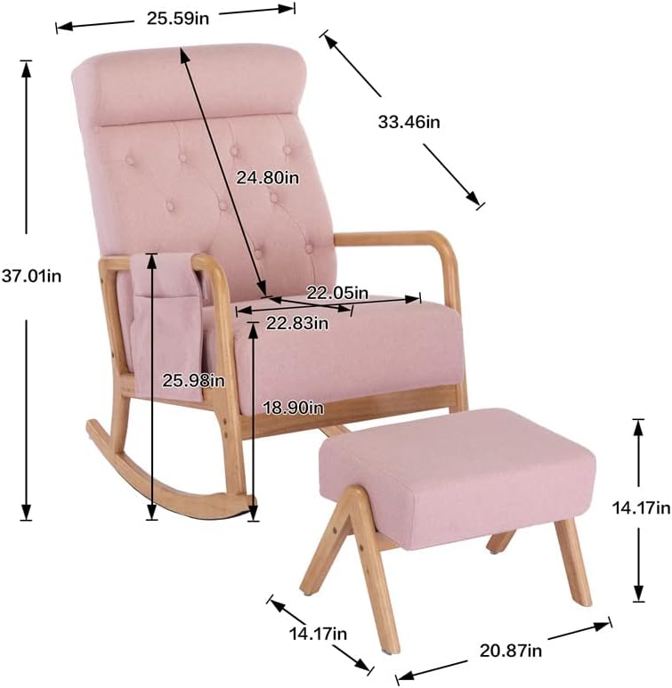 Mecedora con otomana, moderna tapizada de tela con base de madera maciza y bolsillo lateral, cómoda silla individual de respaldo alto con cojín