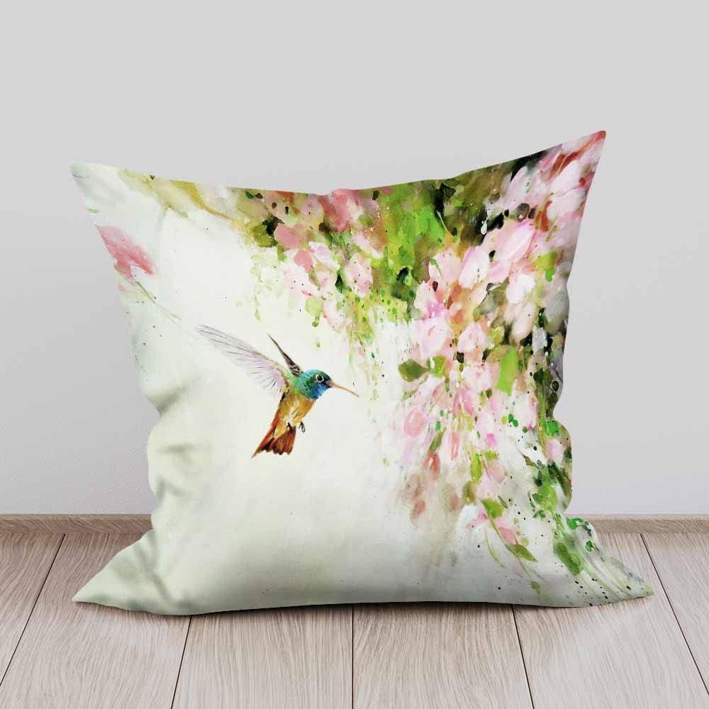 Beabes Fundas de almohada de colibrí volador y flores rosadas, pintura al óleo, 18 x 18 pulgadas, fundas de almohada decorativas para sofá,