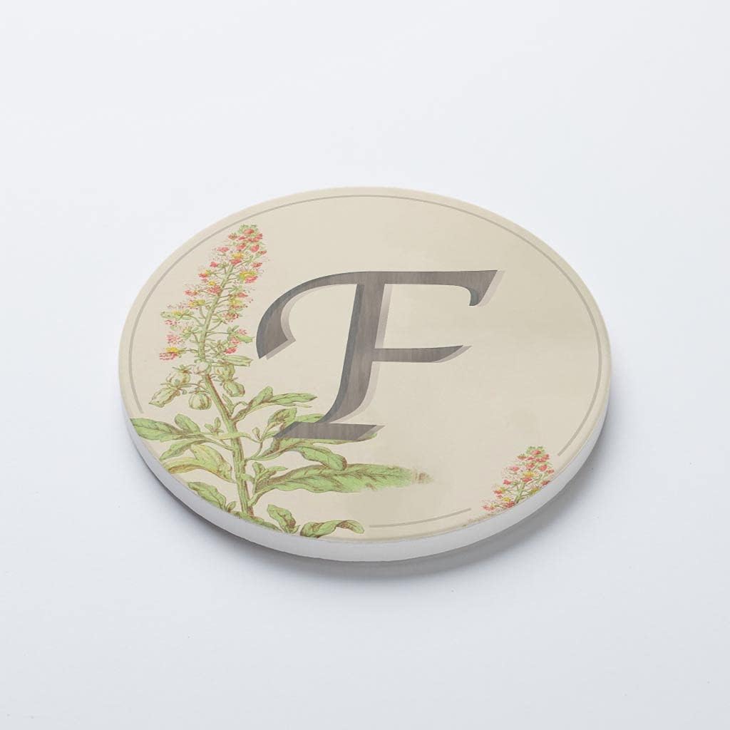 F – Letra del alfabeto floral de cabaña, decoración del hogar Joyride, posavasos de cerámica individual, posavasos circulares individuales de 4