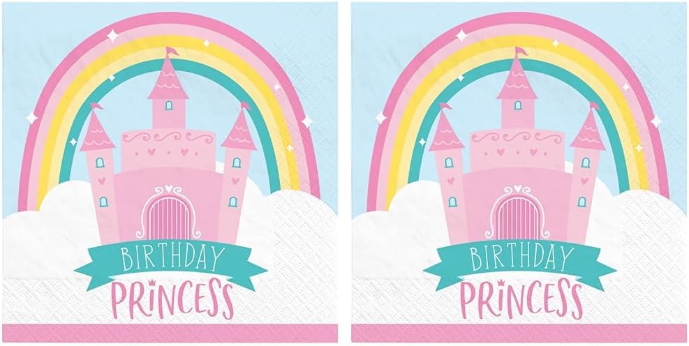 Amscan Servilletas de cumpleaños de Princess Castle, 5 x 5 pies, multicolor, 16 unidades (paquete de 2)