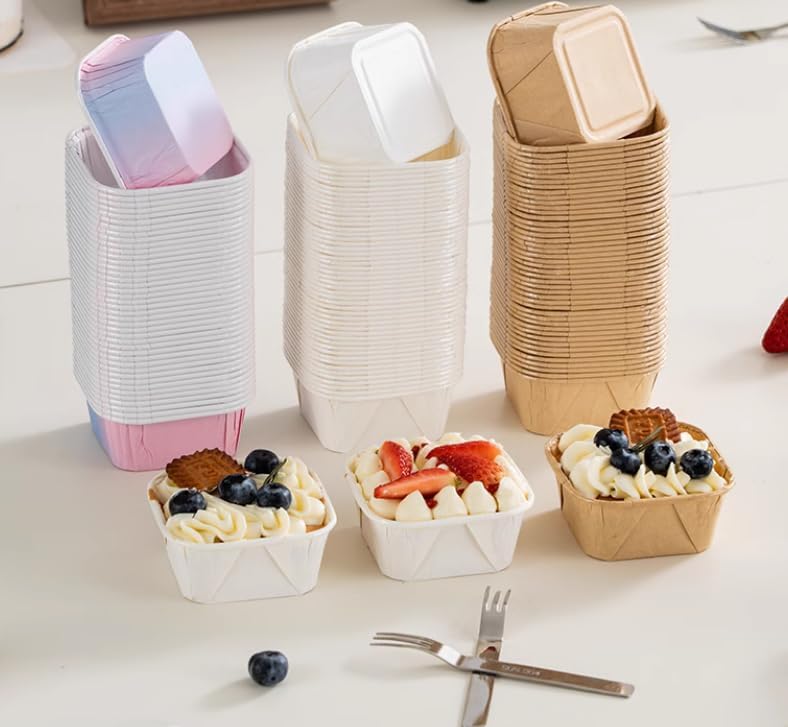 50 Pcs mini Square Baking Cups with Lids,Aluminum Foil Brownie Baking Cups,Disposable Ramekins Cake Pans,Dessert Cups Cupcake Pans for Wedding