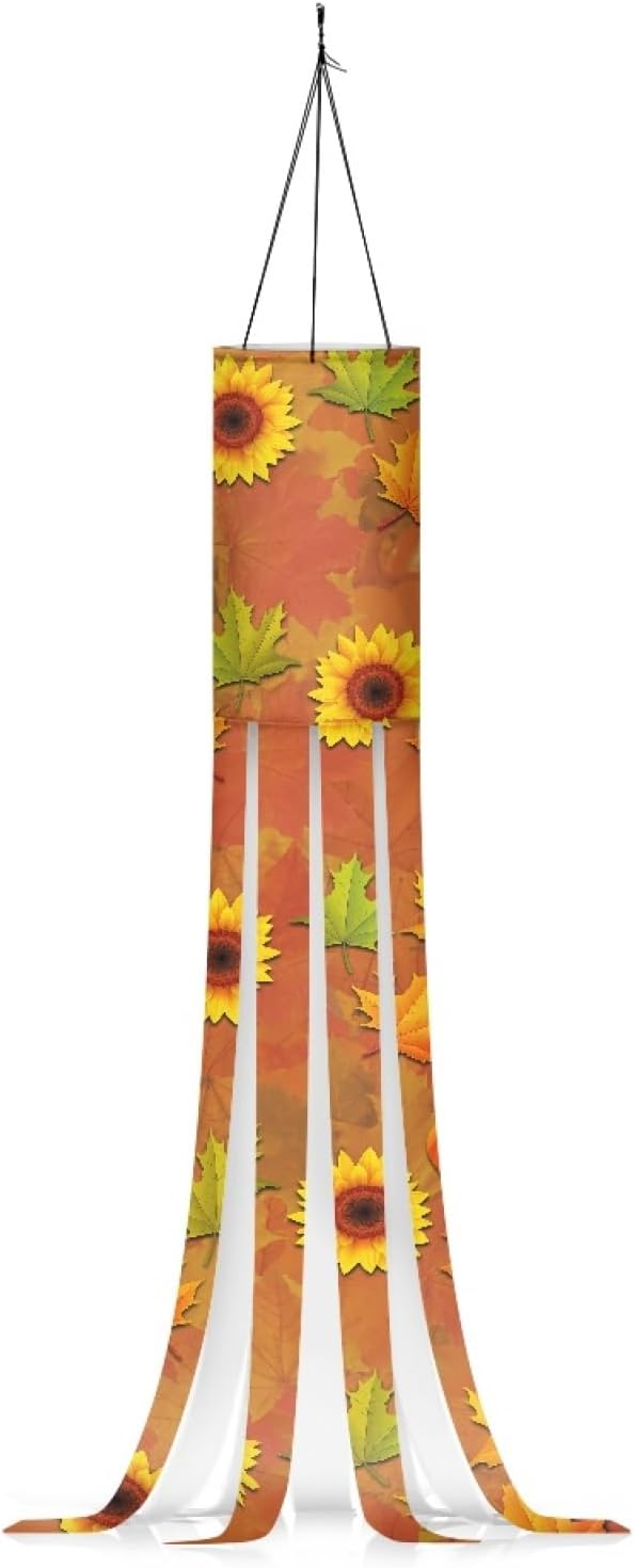 TINYAT 2 calcetines de viento con estampado de hojas de girasol otoñales para colgar al aire libre, calcetines de viento de 40 pulgadas con colas,