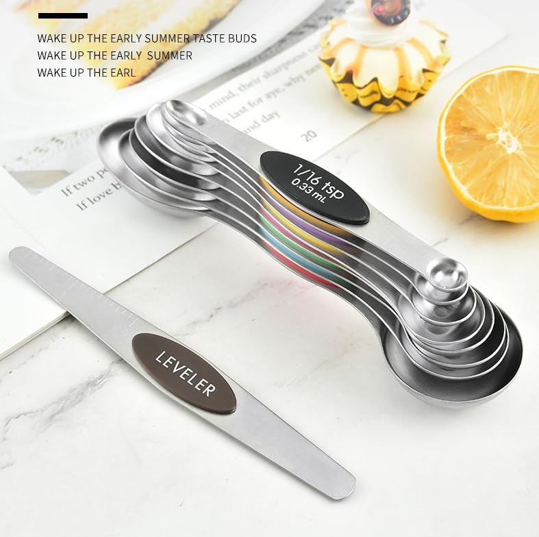 Juego de 9 cucharas medidoras magnéticas, cucharas de cocina de acero inoxidable con medida para medir ingredientes secos y líquidos