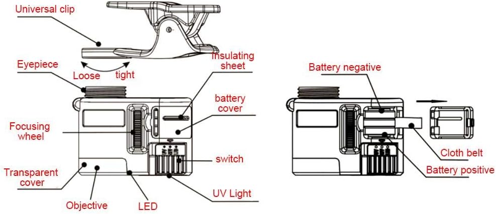 Akozon Mini microscopio del teléfono móvil 9595W 60X Lupa LEDLight Mini Microscopio del clip del teléfono móvil