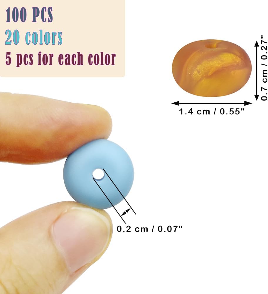 100 cuentas de silicona de ábaco de 0.555 pulgadas (0.551 in), cuentas planas redondas de lentejas gruesas, cuentas de platillo de colores