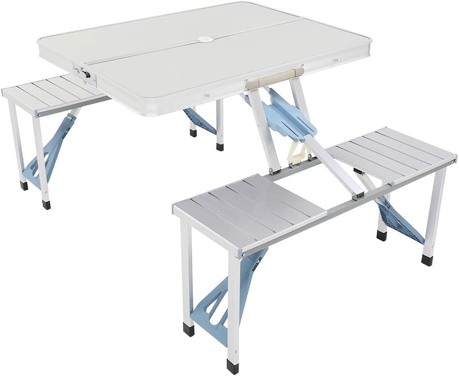 Mesa de picnic plegable portátil con asientos sillas y agujero para paraguas, mesa de aluminio ligera y compacta de aluminio para acampar al aire