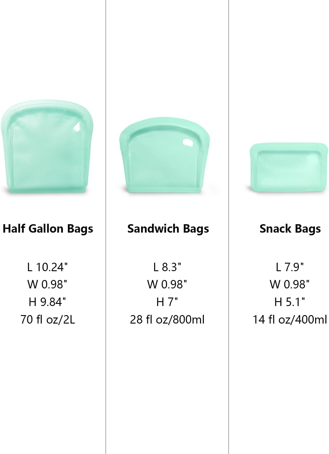Bolsas de almacenamiento de silicona reutilizables, paquete de 4 bolsas de silicona de medio galón, bolsas duraderas de silicona con cierre