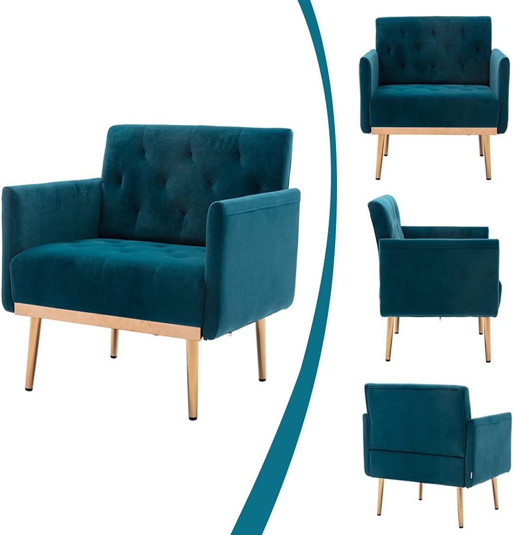 Silla sofá individual moderna de terciopelo, silla de decoración tapizada para la sala de estar, sillón cómodo con patas de metal dorado y rosa,