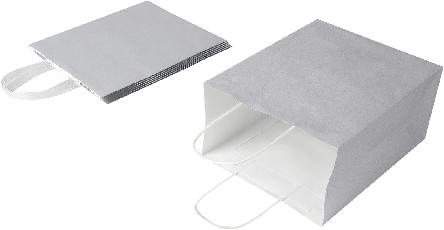 Oikss Paquete de 50 bolsas de papel medianas de 8 x 4.75 x 10 pulgadas con asas, bolsas de papel kraft a granel, bolsas de papel kraft para