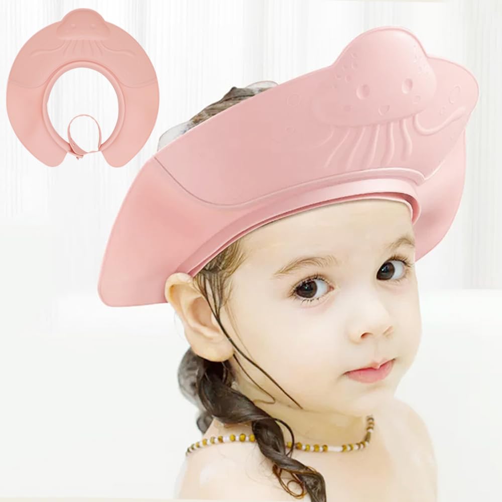Gorro de ducha de bebé con visera de silicona ajustable y segura para bebés y niños pequeños (6 meses-12 años15.8 a 22.8 pulgadas) (medusa rosa)