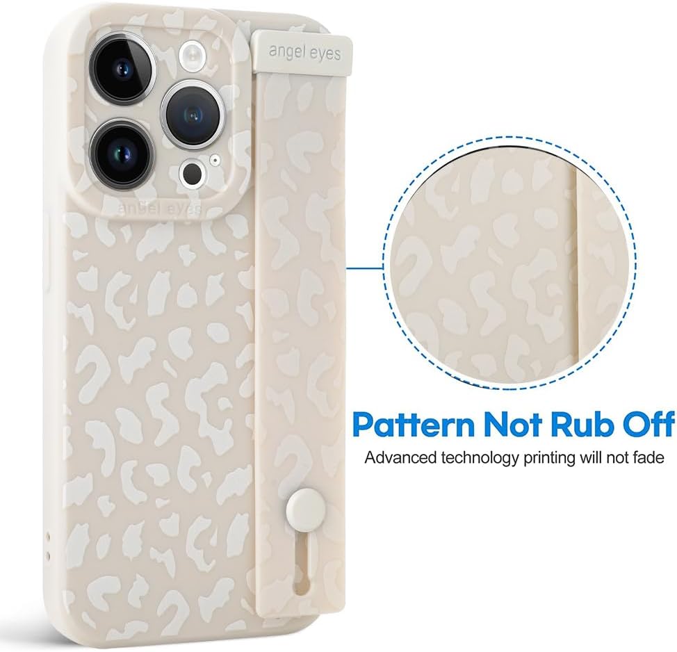 OOK Funda compatible con iPhone 14 Pro con estampado de leopardo con correa para la muñeca, funda de protección de poliuretano termoplástico de