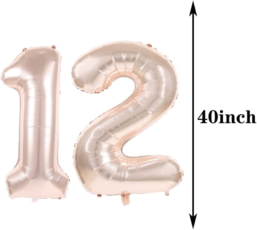 Decoraciones de cumpleaños de 12 años, suministros para fiestas, globos de oro rosa con el número 12, globos de aluminio de Mylar de 12 para