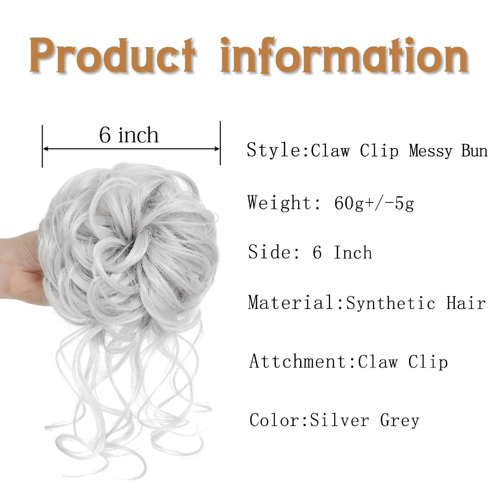 Moño desordenado, pinza de garra, moño despeinado, extensiones de moño sintético rizado para mujer (gris plateado)