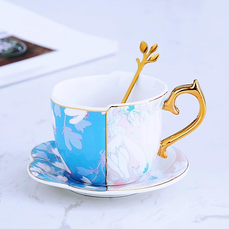 Pfedxoon Taza de té de porcelana de hueso con cuchara, juego de 3 piezas (7 onzas), tazas de capuchino, tazas de café, juego de tazas de té, tazas