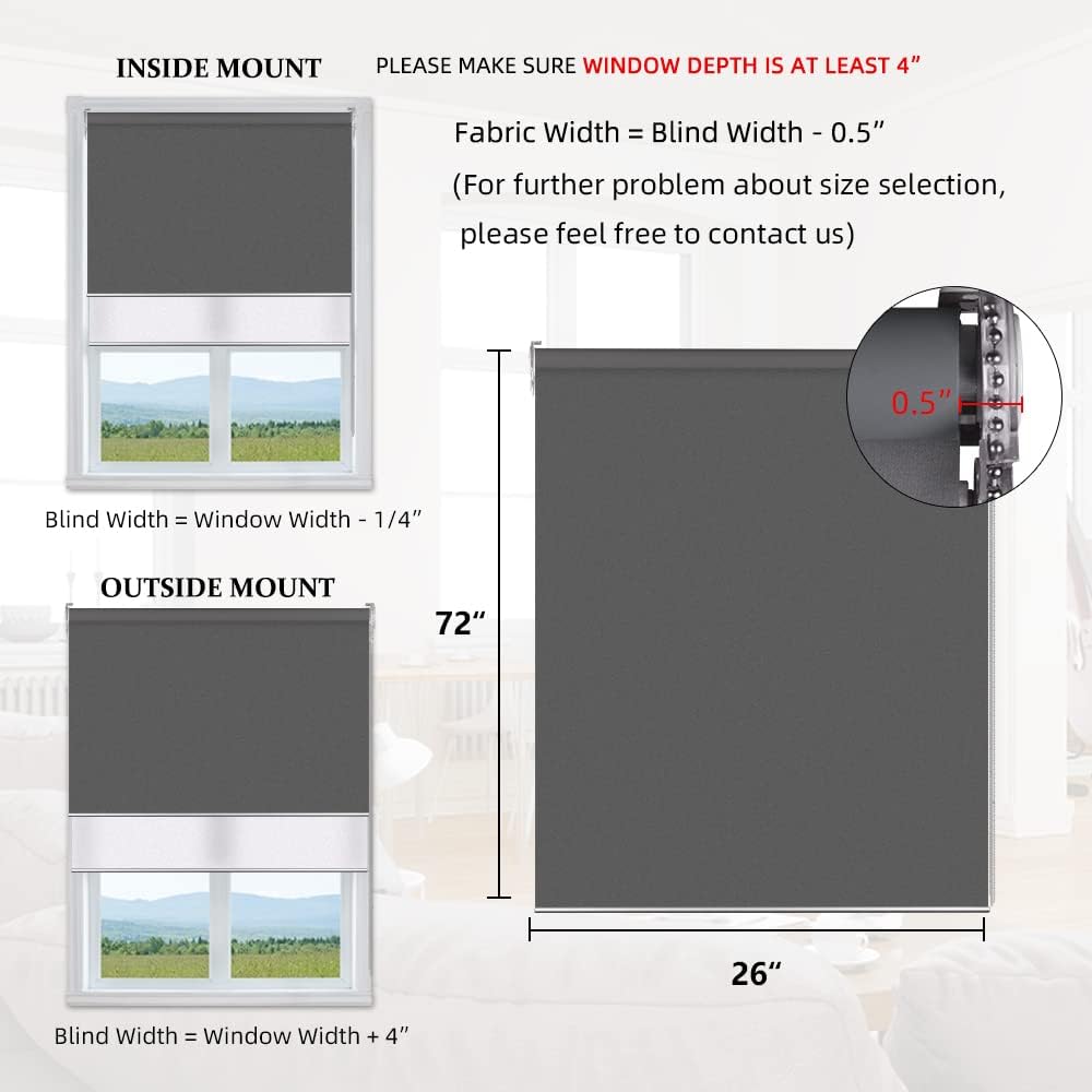 LUCKUP Persianas enrollables dobles para ventanas, color gris oscuro, persianas 100 % opacas y blanco 50% tela filtrante de luz en una pista de
