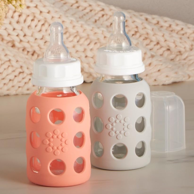 Lifefactory Biberones de vidrio con protección de silicona, paquete de 4, 4 onzas cada biberón (2 plátanos y 2 melón)