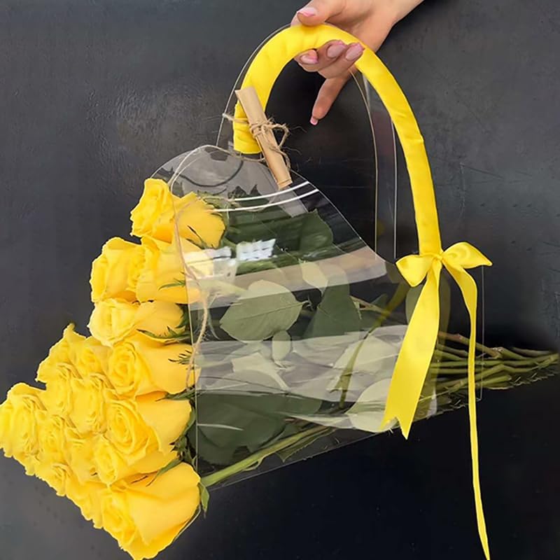 YAMSLAM Caja de flores transparente con asa Bolsas de embalaje de flores portátiles regalo Contatiner bolso de boda rosa envoltura caja de regalo de