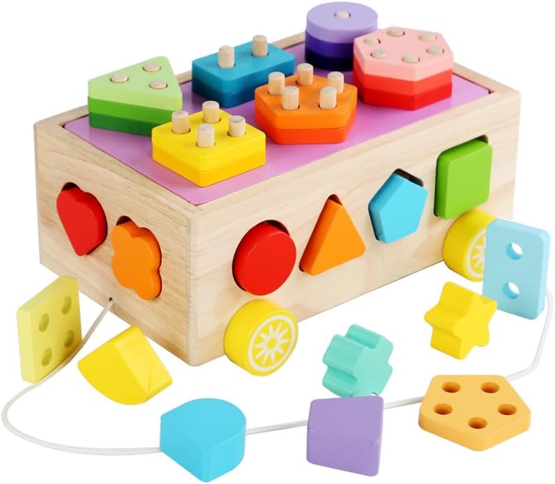 CHESLICR Juguetes de coche Montessori de bloques de madera, juguete apilable de clasificación de formas de color para bebés de 1, 2, 3, 4 años,