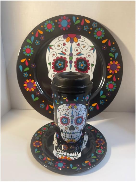 SCR8VE – Juego de plato, platillo y vaso del Día de los Muertos, plato decorativo para aperitivos y aperitivos con calavera de azúcar, platos