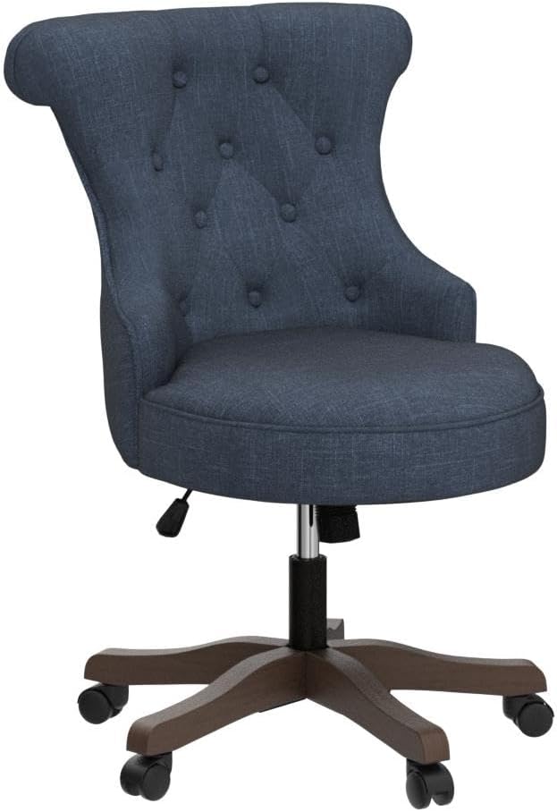 Home Office Chair Adjustable Height Swivel Chair with Wheels Linen Fabric Upholstered Computer Desk Chair with Wooden Legs Comfortable Armless Chair