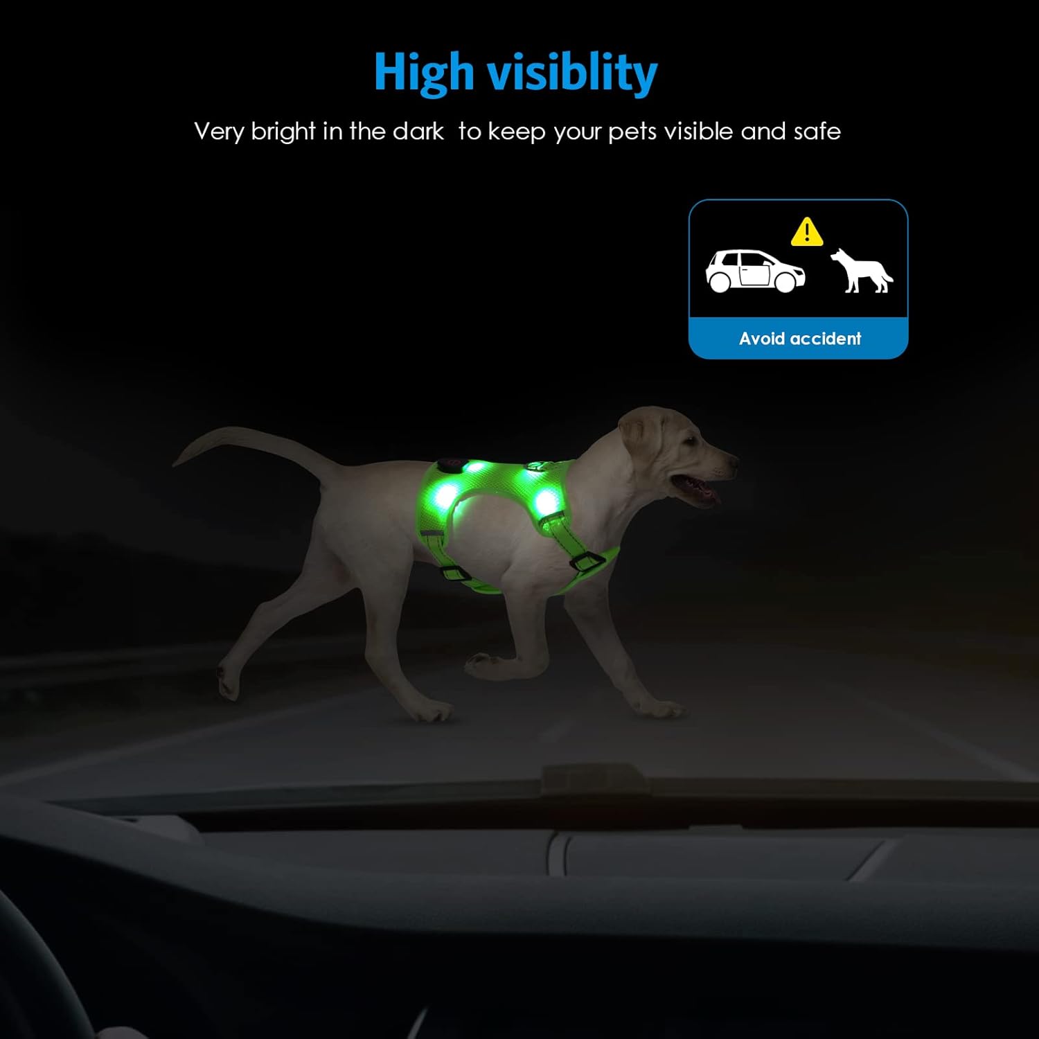 AMIR – Arnés LED para perro, pequeño, sin tirones, sin estrangulamiento, recargable por USB, 3 modos de iluminación, ajustable, transpirable, malla