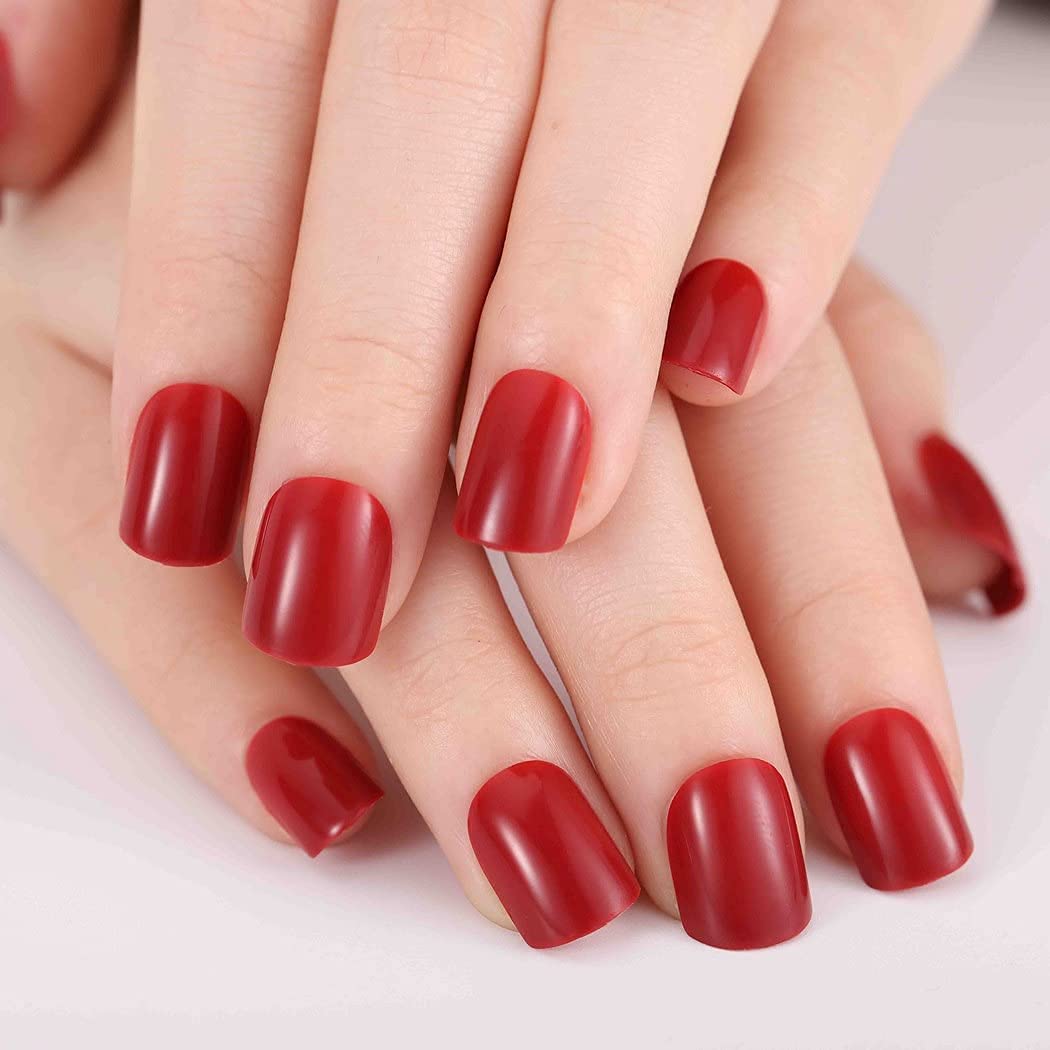 Chicque Uñas postizas cortas a presión, cuadradas, rojas, brillantes, acrílicas, bailarina, para fiesta, Halloween, para mujeres y niñas, 24 unidades