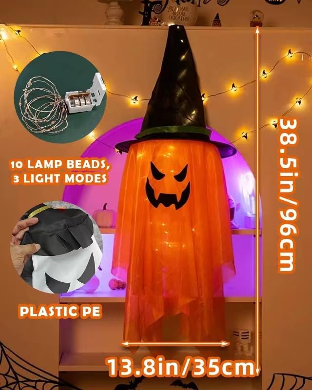 Decoraciones de Halloween para decoración al aire libre, 2 piezas de sombrero de bruja fantasma iluminado brillante de 38 pulgadas de largo,