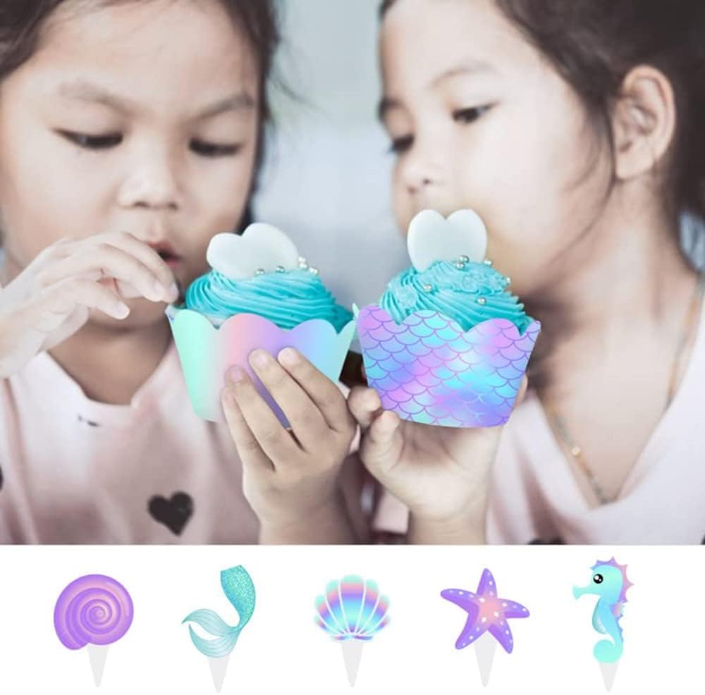 40 adornos y envoltorios para cupcakes de doble cara de sirena, decoración temática de sirenita para baby shower, bajo el mar, fiesta de cumpleaños