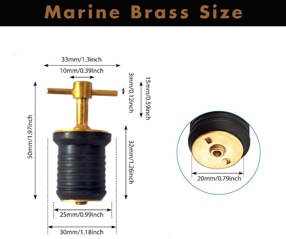 2 tapones de drenaje de neopreno de latón de 1 pulgada para barcos, tapón de drenaje de barco con mango en T, tapón de drenaje de accesorios marinos