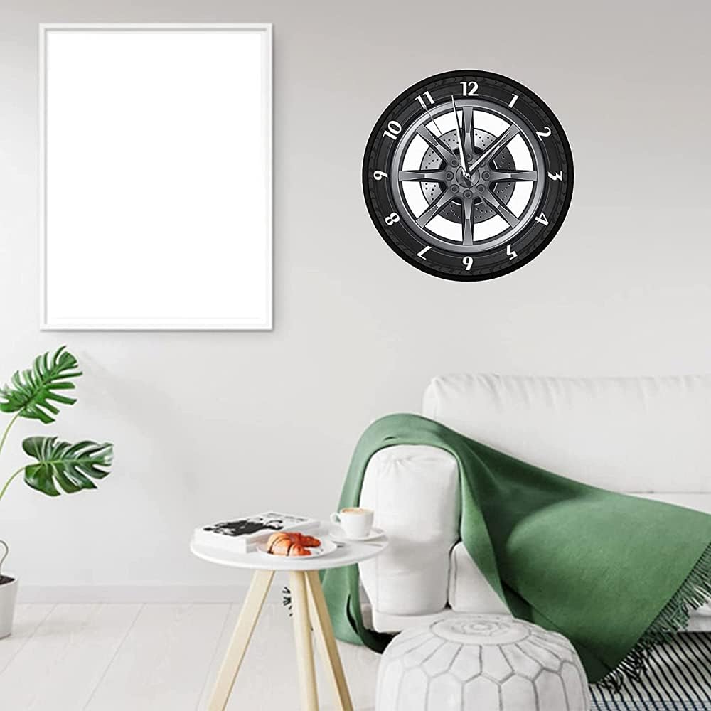 Reloj de pared de metal con forma de neumático de automóvil, diseño moderno, silencioso, sin tictac, funciona con pilas, para sala de estar y