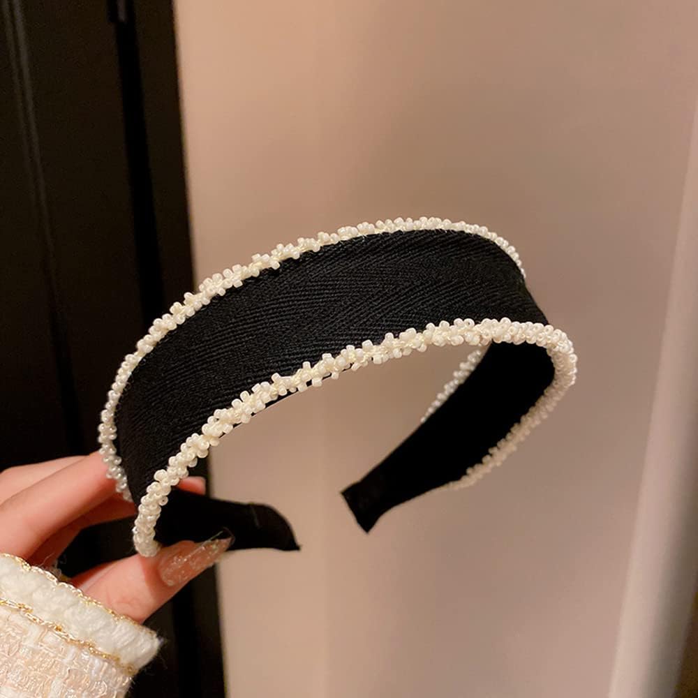 Diadema ancha con cuentas simples, diadema con cuentas para el cabello, banda elástica negra para mujeres y niñas