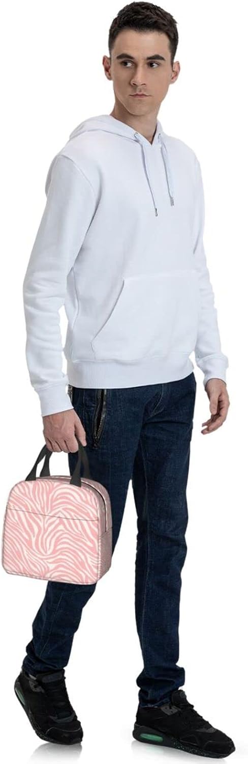 Bolsa de almuerzo portátil con estampado animal de cebra rosa para mujeres y hombres, bolsa de almuerzo reutilizable para