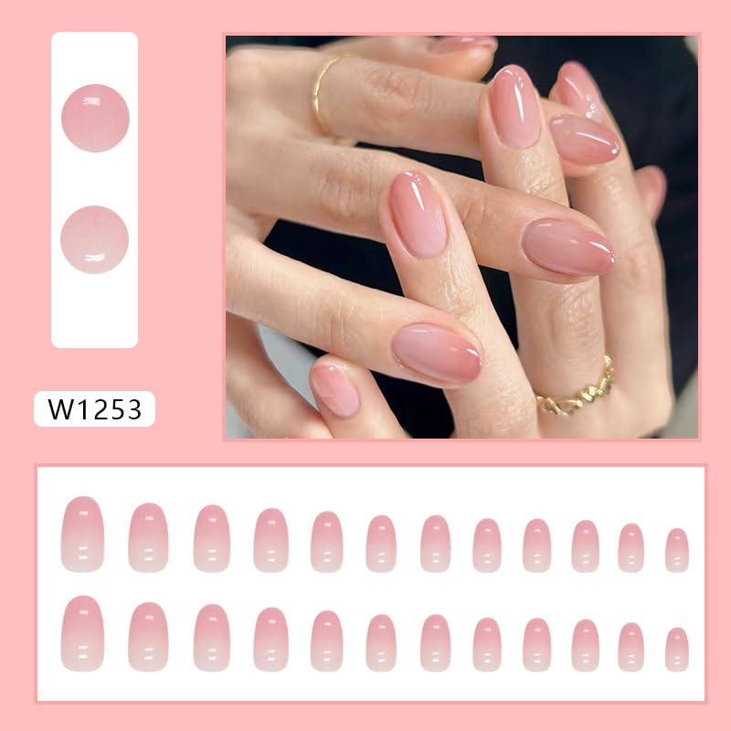 Uñas postizas cortas a presión con punta francesa, uñas postizas ovaladas, uñas postizas degradadas, uñas acrílicas brillantes degradadas, uñas