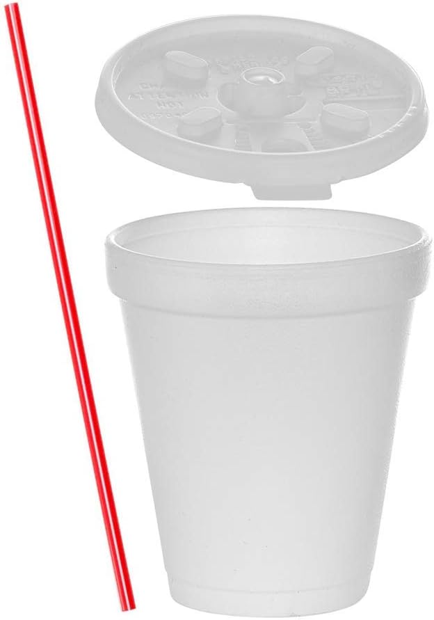 Tezzorio (100 juegos) Vasos de espuma blanca de 8 onzas con tapas Lift’n’Lock y agitadores, vasos de espuma desechables, tazas de café para llevar,