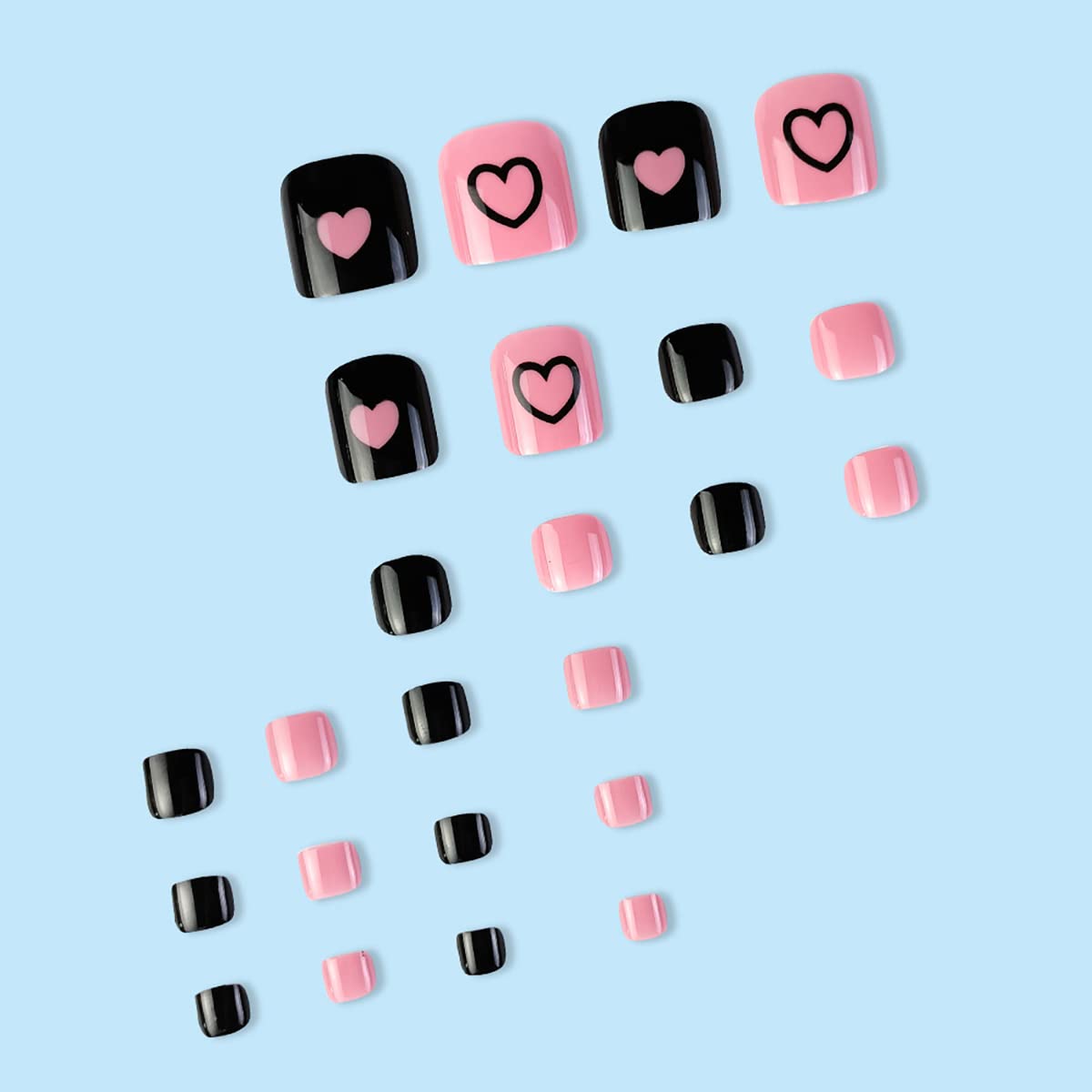 TMLECE TM Uñas postizas cuadradas cortas de cobertura completa, 24 unidades, color negro y rosa, con pegamento y lima de uñas, uñas postizas de gel