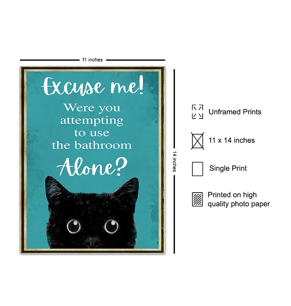 Funny Cat Restroom Sign LARGE 11×14 – Guest Bathroom Decor for Women – Small Bathroom Wall Art – Blue Bathroom Decorations – Unique Powder room