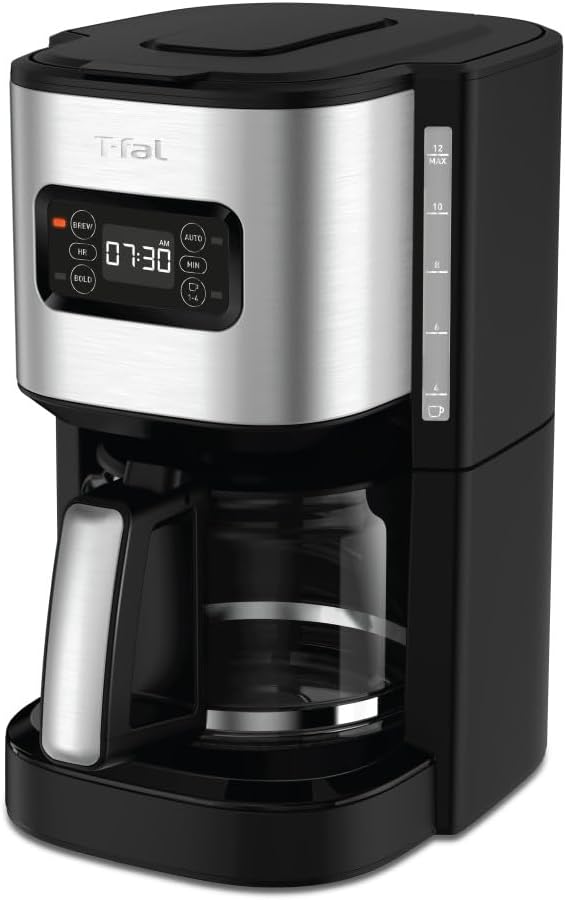 T-fal Element – Máquina de café por goteo de plástico y acero inoxidable de 12 tazas programable, filtro reutilizable, pausa y preparación, jarra de