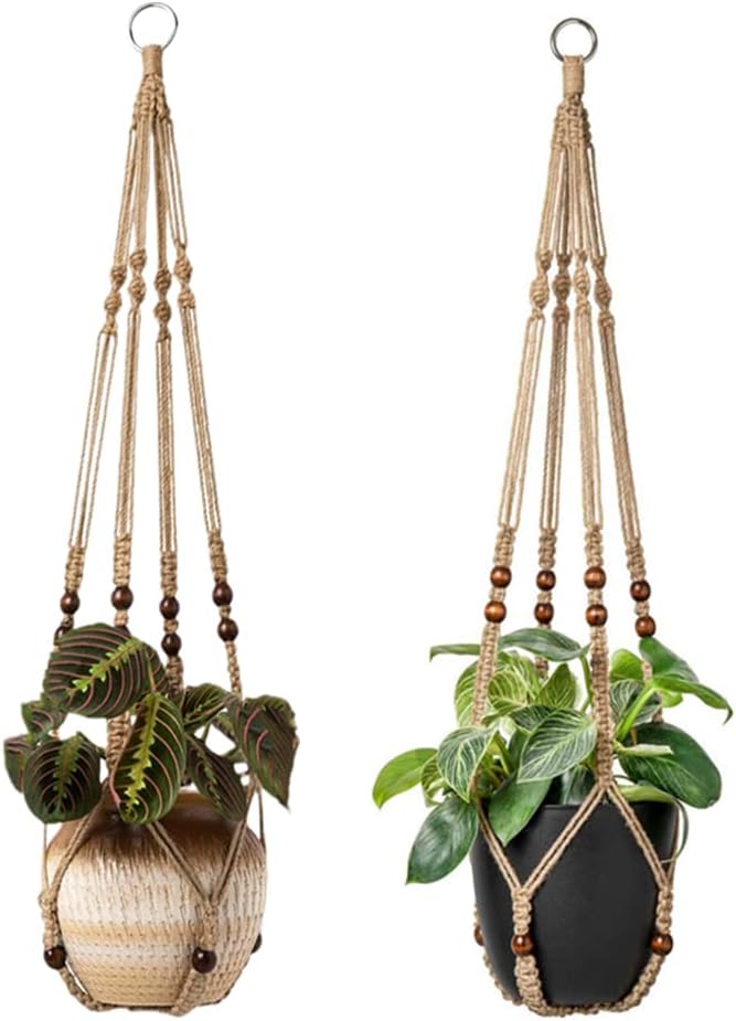 Colgadores de macramé para plantas de interior de 36 pulgadas, cesta colgante para macetas con cuentas sin borlas, color marrón, 2 paquetes de 4