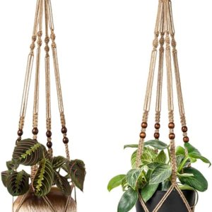 Colgadores de macramé para plantas de interior de 36 pulgadas, cesta colgante para macetas con cuentas sin borlas, color marrón, 2 paquetes de 4 Colgadores de macramé para plantas de interior de 36 pulgadas, cesta colgante para macetas con cuentas sin borlas, color marrón, 2 paquetes de 4
