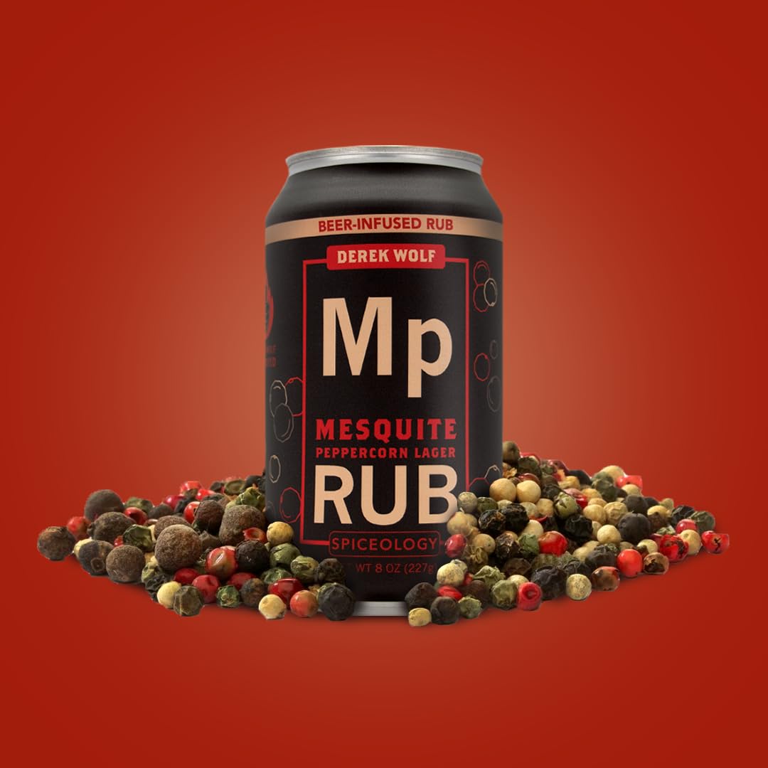 Spiceology & Derek Wolf – Mesquite Peppercorn Lager – Mascotas para barbacoa con infusión de cerveza, especias y condimentos. Uso en carne de res,