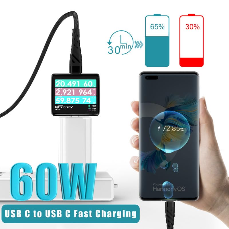Cable USB C a USB C de 60 W, paquete de 2 cables de carga USB C de 10 pies, cable de carga rápida USB-C trenzado para iPhone